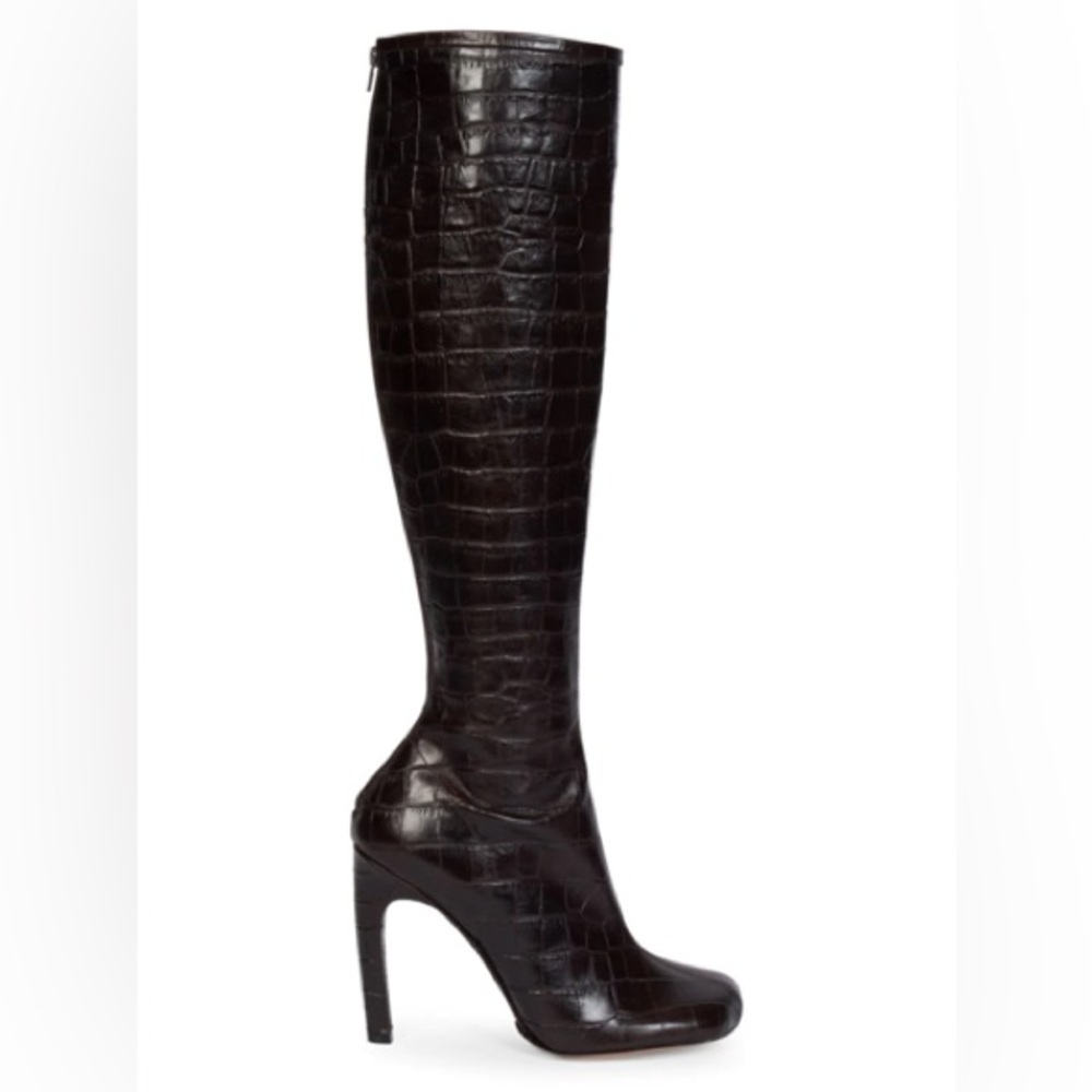 $1250 Dries Van Noten Brown Leather Croc Embossed Knee High Boots